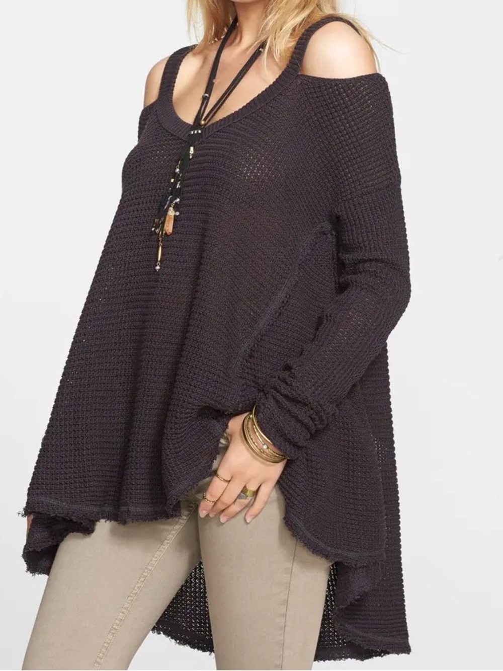 Free People moonshine Dark Gray V-Neck cold shoulder Waffle Knit Sweater xS